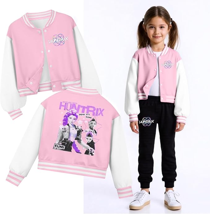 K PopGirls Kpop Tracksuit Cute Cartoon Print Baseball Coats Fashion Long Sleeve Jackets and Pants Christmas Costume Set