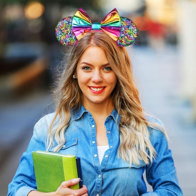 Foeran Mouse Ears Headbands Shiny Bows Mouse Ears Glitter Party Princess Decoration Cosplay Costume for Girls Women (Magic rainbow-1)