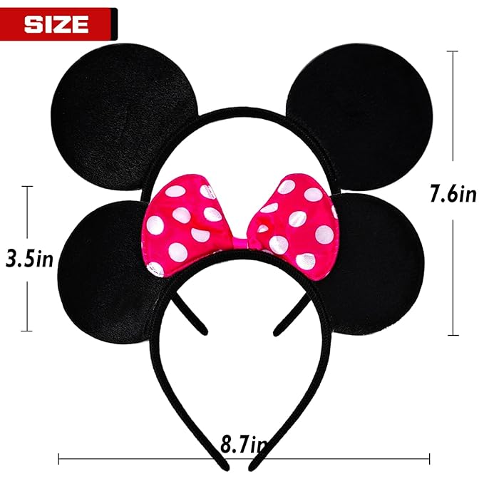 MADO 2 pack mouse ears headbands for adults women little girls boys (black fuchsia polla dot, onesize)