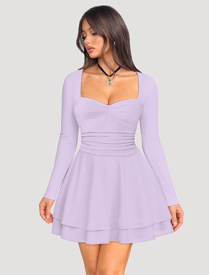 IWD Women's Square Neck Long Sleeve Mini Dress Ruched Corset Waist Tiered Ruffle Hem A Line Short Party Dresses