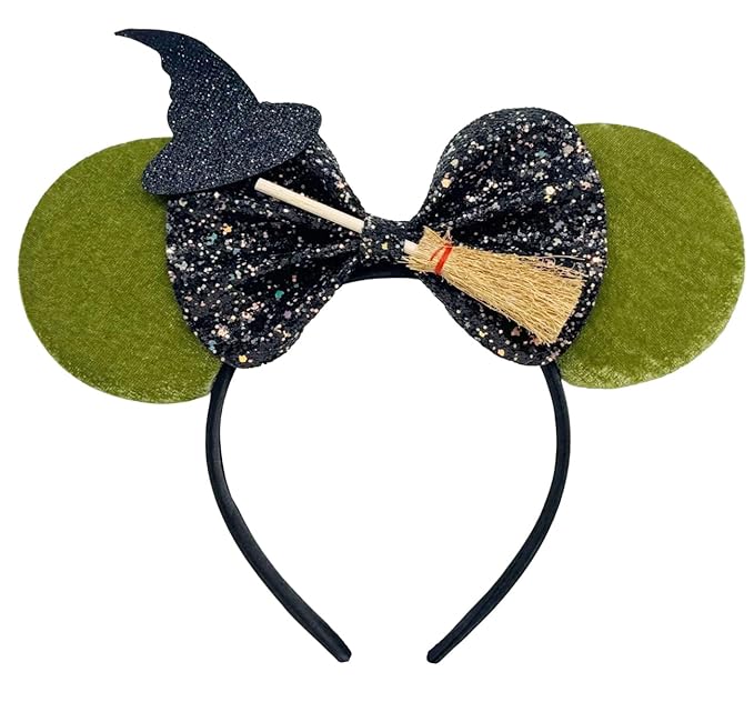 WW-WONDERFULWORLD Green Witch Mouse Ears Headband with Sequin Bow, Magic Hat and Broom, Halloween Park Costume Accessory, Birthday Party, Daily Fashion Headwear, Stage Performance