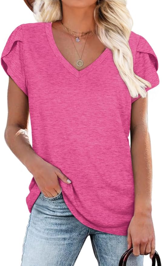 WIHOLL Womens Tops V Neck Summer Petal Sleeve Casual Tshirts
