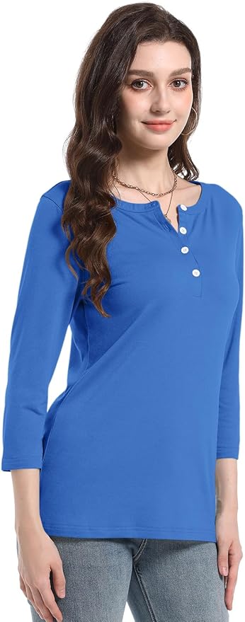 PGANDS Women's 3/4 Length Sleeve T Shirts Button Down Scoop Neck Casual Tops