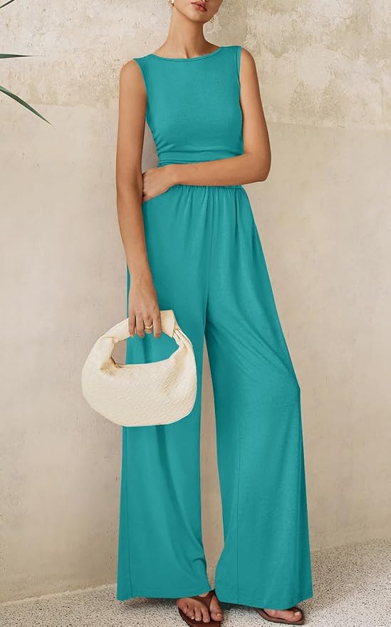 PRETTYGARDEN One Piece Jumpsuits for Women Dressy Casual Sleeveless Crewneck Wide Leg Rompers Jumpers Vacation Summer Outfits