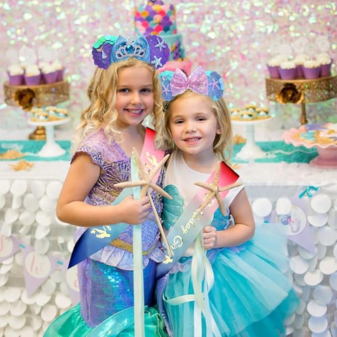 WW-WONDERFULWORLD Mouse Ears Headband With Shiny Mermaid Sequins & Bow, for Girls Costume Cosplay Glitter Ocean Party, for Kids & Adult, Blue; MRY1