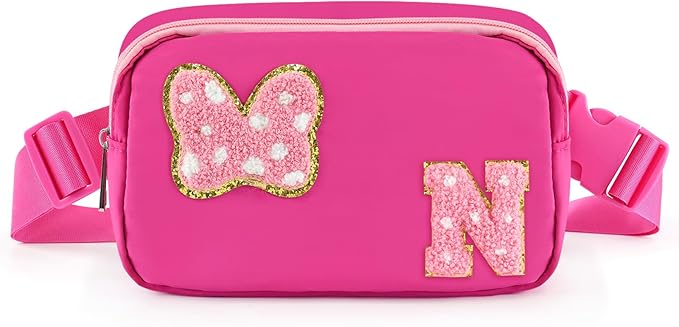 Chenille Initial Letter Bow Mouse Fanny Pack, Waterproof Park Crossbody Bag Christmas Birthday Gifts for Teen Girls Daughter Women Kids Adults, Cute Belt Bag Must Haves for Park Travel (N, Rose Red)