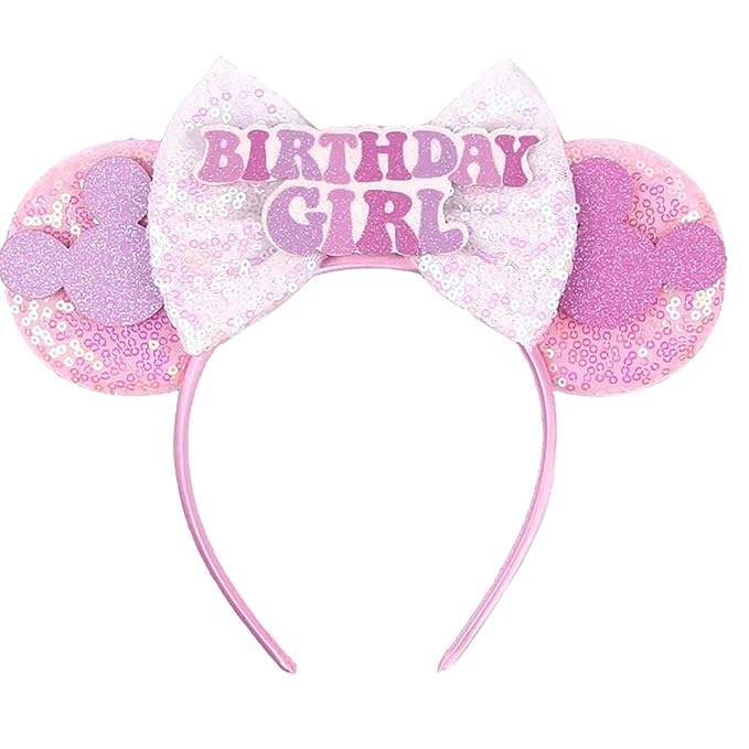 RAZKO Pink Minnie Ears Hair Accessory, Mouse Headband for Women Girls (Birthday Girl-Pink M)