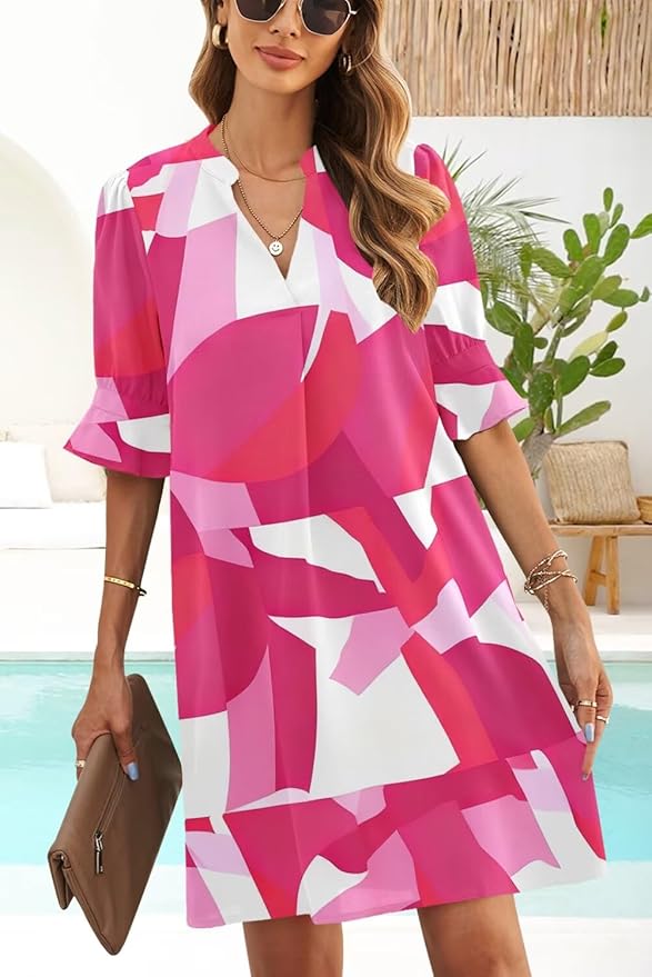 QACOHU Summer Dresses for Women V Neck Ruffle Short Sleeve Casual Shift Dress