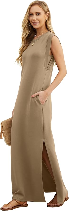 GRECERELLE 2026 Women Year-Round Casual Round Neck Loose Split Wrinkle-Free Long Maxi Vacation Dress with Pockets (XXS-4XL)