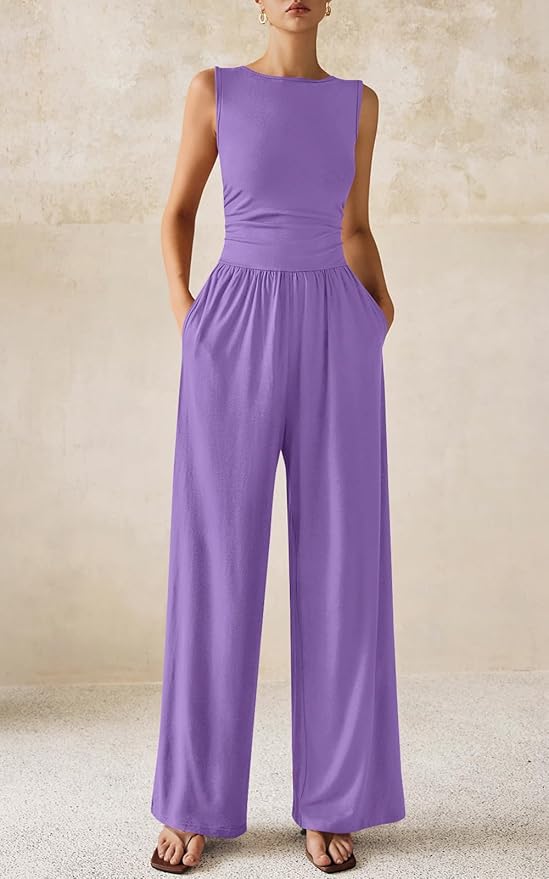 PRETTYGARDEN One Piece Jumpsuits for Women Dressy Casual Sleeveless Crewneck Wide Leg Rompers Jumpers Vacation Summer Outfits