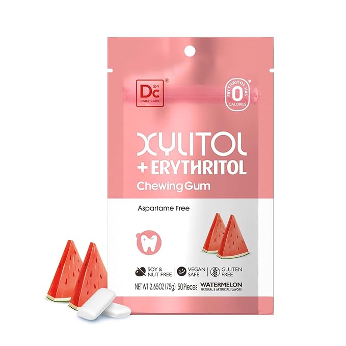 DC24 DAILY CARE Gum, Aspartame Free & Sugar Free, Xylitol Chewing Gum with Erythritol, Low-Calorie, Sugarless, Watermelon Flavored Gum, 50 Pieces (Pack of 1)
