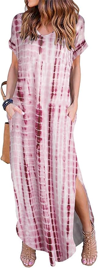 Arolina Women's Summer Maxi Dress Short Sleeve V Neck Casual Loose Long Beach Split Dresses with Pockets