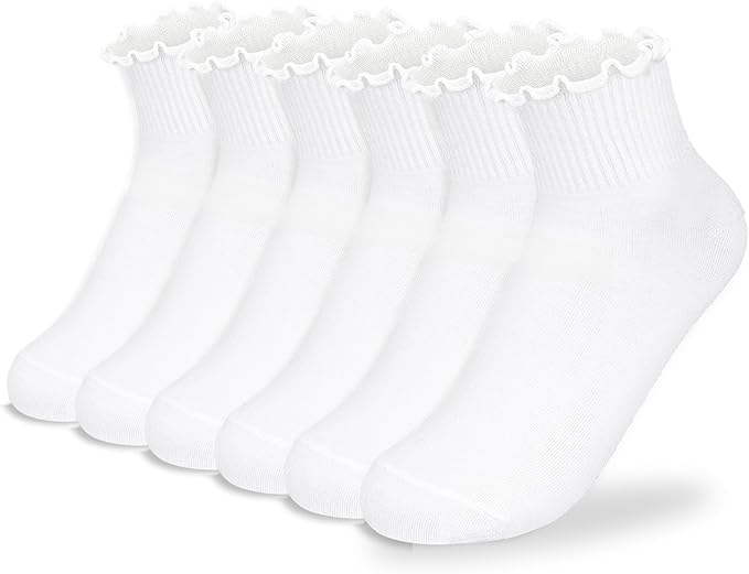 BIVOLU Womens Ankle Socks Ruffle Cotton Cute Frilly Trim Breathable Ankle Ruffled Socks 6 Pack