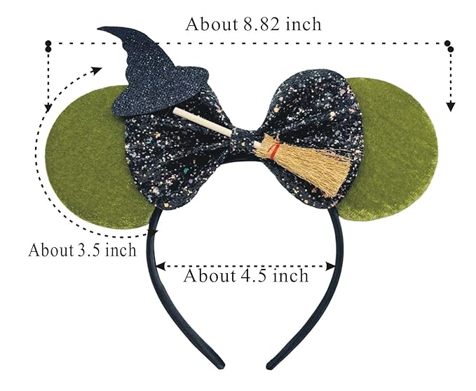 WW-WONDERFULWORLD Green Witch Mouse Ears Headband with Sequin Bow, Magic Hat and Broom, Halloween Park Costume Accessory, Birthday Party, Daily Fashion Headwear, Stage Performance