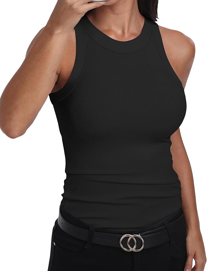 GEMBERA Womens Sleeveless Racerback High Neck Casual Basic Cotton Ribbed Fitted Tank Top