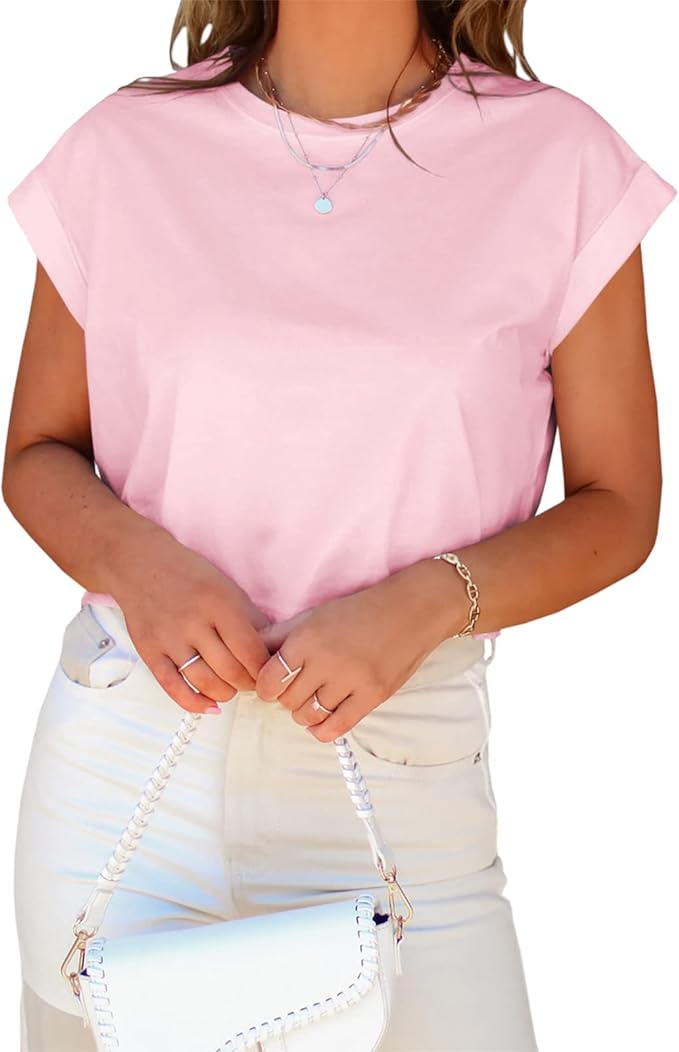Tankaneo Womens Short Sleeve Cropped T-Shirts Summer Rolled Dolman Sleeve Crop Tops Casual Round Neck Solid Short Basic Tees