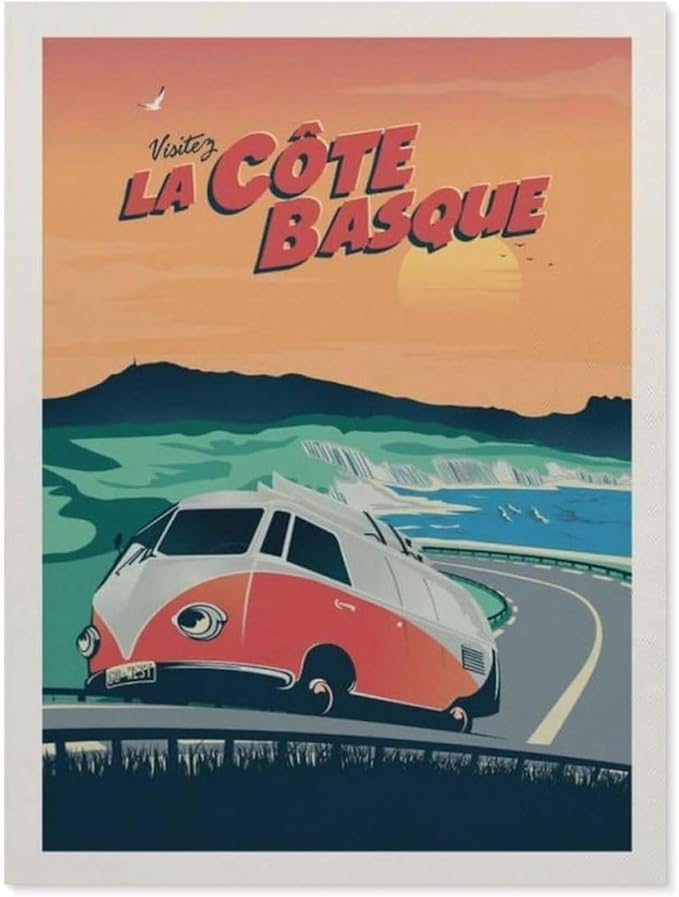 Jigsaw Puzzles 1000 Pieces Paper Assembling Picture，Vintage France Travel Poster Basque Coast Highway，Adults Games Educational Toys（38x26cm）-BM81