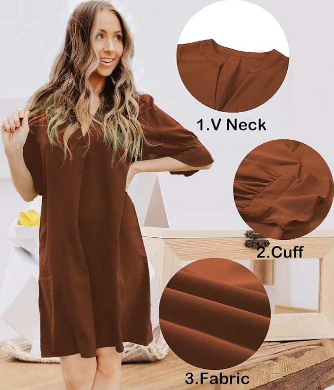 QACOHU Summer Dresses for Women V Neck Ruffle Short Sleeve Casual Shift Dress