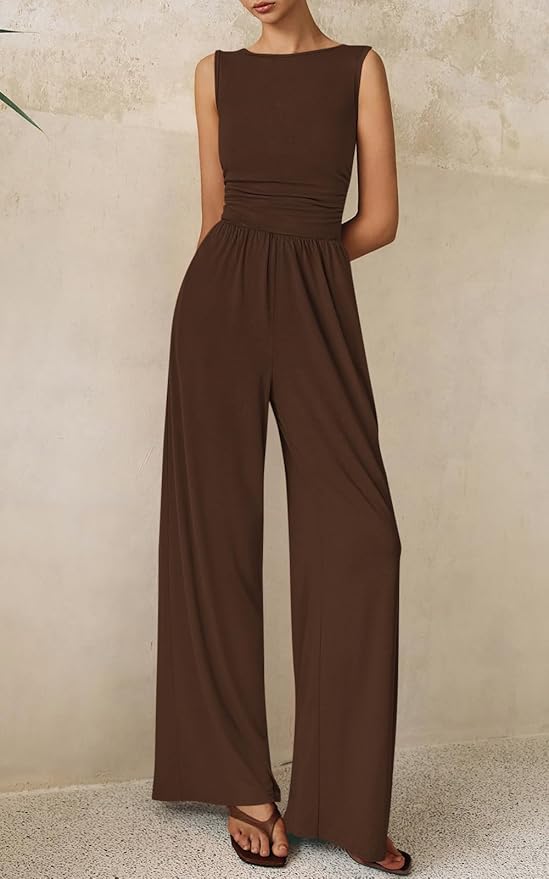 PRETTYGARDEN One Piece Jumpsuits for Women Dressy Casual Sleeveless Crewneck Wide Leg Rompers Jumpers Vacation Summer Outfits