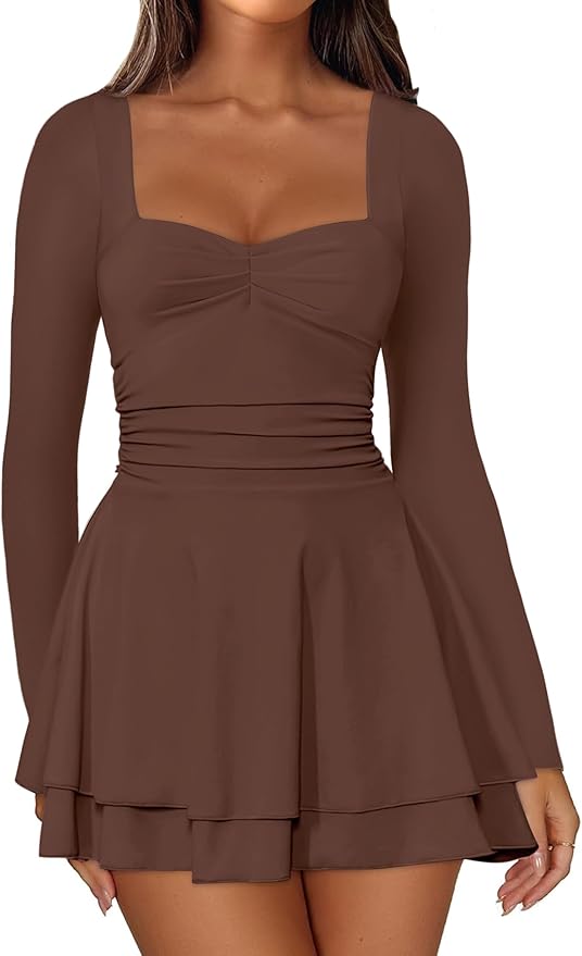 IWD Women's Square Neck Long Sleeve Mini Dress Ruched Corset Waist Tiered Ruffle Hem A Line Short Party Dresses
