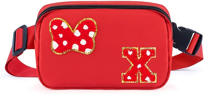 Chenille Initial Letter Bow Mouse Fanny Pack, Waterproof Park Crossbody Bag Christmas Birthday Gifts for Teen Girls Daughter Women Kids Adults, Cute Belt Bag Must Haves for Park Travel (X, Red)