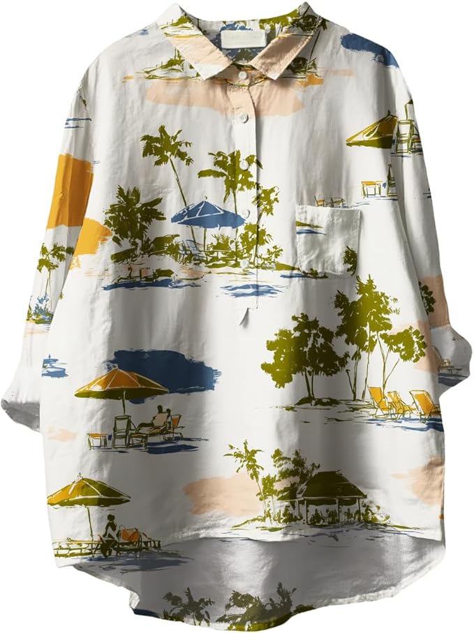 Womens Boho Tops 3/4 Long Sleeve Floral Blouses Hawaii Beach Button Down Shirts V Neck Pullover Casual Tunics