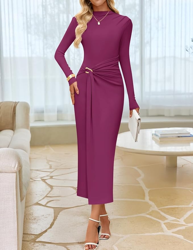 ZESICA Women's 2026 Spring Long Sleeve Bodycon Dress Mock Neck Wedding Guest Cocktail Party Long Midi Dresses