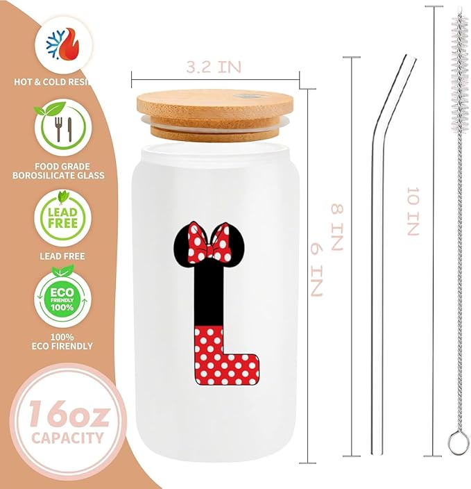 Cute Cartoon Mouse Lover Gifts Initial A-Z Personalized Iced Coffee Cup Magic Mouse Stuff Wizard Gift 16oz Glass Cup with Lid and Straws Birthday Christmas Gifts for Women Teen Girls (Letter L)