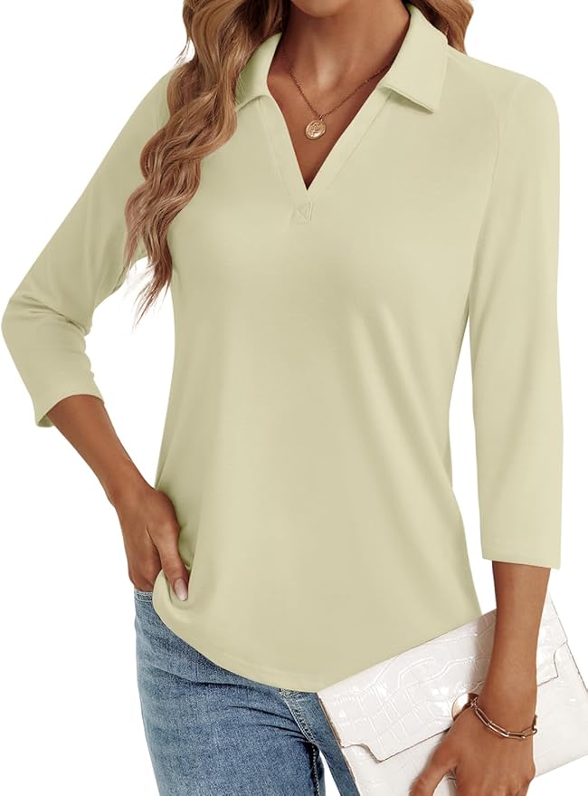 3/4 Length Sleeve Womens Tops Dressy Casual V Neck Polo Shirts Business Work Blouses 2025 Trendy Tunic Top