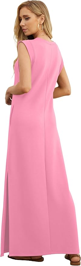GRECERELLE 2026 Women Year-Round Casual Round Neck Loose Split Wrinkle-Free Long Maxi Vacation Dress with Pockets (XXS-4XL)