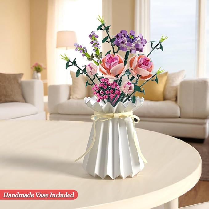 Chodia Flower Bouquet Building Blocks Artificial Pink Rose with Paper Vase Botanical Collection Bricks Sets Kits Christmas X'Mas Valentine Gifts Birthday Creative Gifts for Adults Girlfriends(413PCS)
