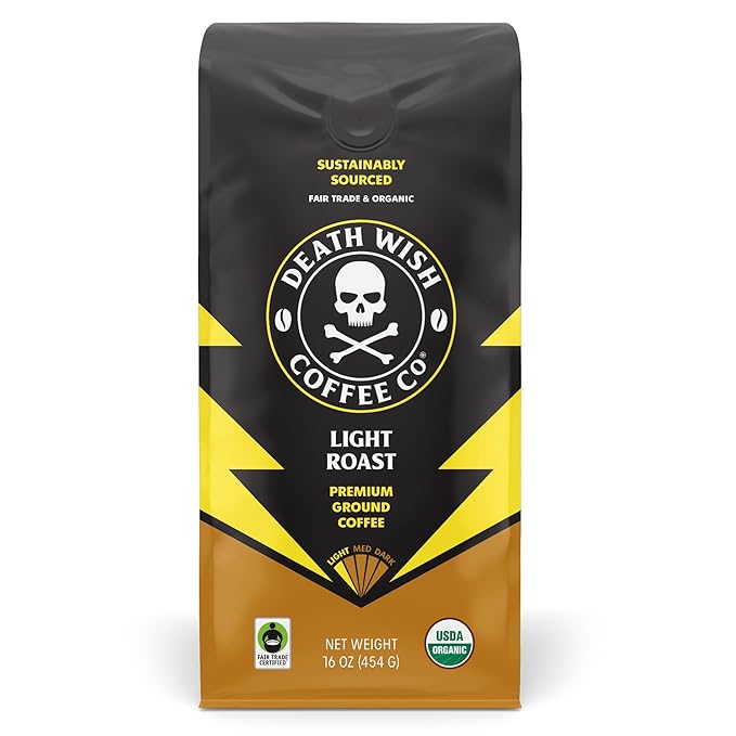Death Wish Coffee, Organic and Fair Trade, Light Roast Ground Coffee, 16oz