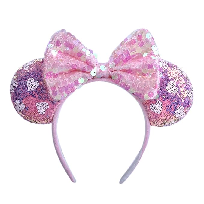 WW-WONDERFULWORLD Exquisite Big Ears Headbands with Bow & Shiny Sequins & Snowflake, for Cartoon Princess Costume Cosplay Glitter Party, Pink; 1MF
