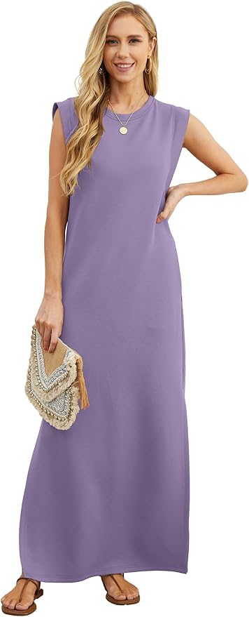 GRECERELLE 2026 Women Year-Round Casual Round Neck Loose Split Wrinkle-Free Long Maxi Vacation Dress with Pockets (XXS-4XL)