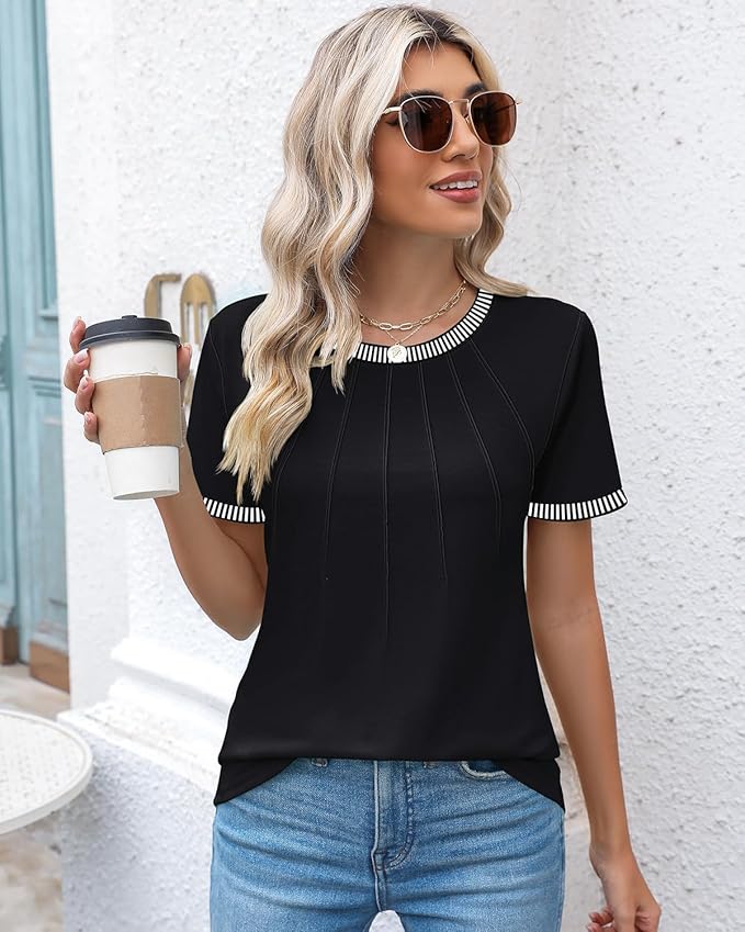 Kistore Womens Casual Crew Neck Short Sleeve Pleated Tops Blouses Fashion Clothes 2026