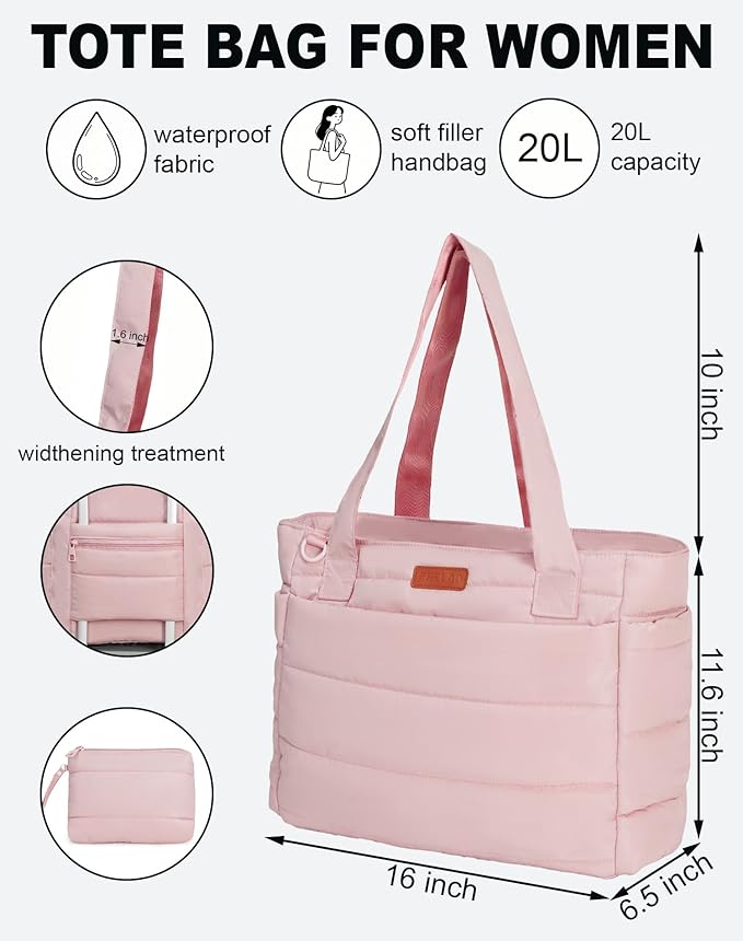 Quilted Puffer Tote Bag for Women, Waterproof Lightweight Work Bag for Nurse/Commuter with 16" Laptop Pocket | Puffer Tote Bag