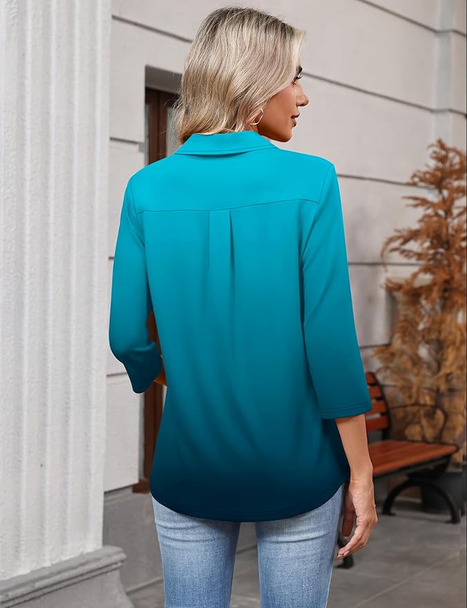 LOMON 3/4 Length Sleeve Womens Tops 2026 Spring Summer Collared Polo Shirts V Neck Casual Basic Polos Tees Shirt