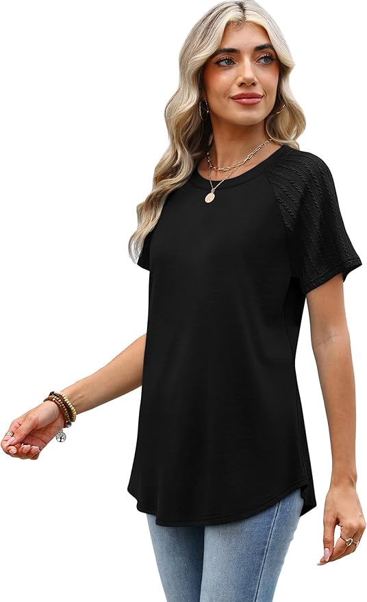 WIHOLL Summer Tops for Women 2026 Trendy Short Sleeve Shirts Crew Neck Tops Curved Hem Fashion Clothing