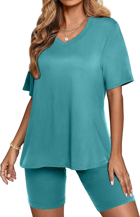 AGSEEM Two Piece Outfits For Women Summer V Neck T-Shirt Tops Biker Shorts Workout Sports Tracksuit