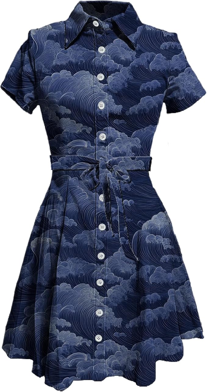 MARSVOVO Japanese Art Shirt Dresses for Women Short Sleeve Ruffle Button Down Tie Waist Trendy Elegant Midi Dress