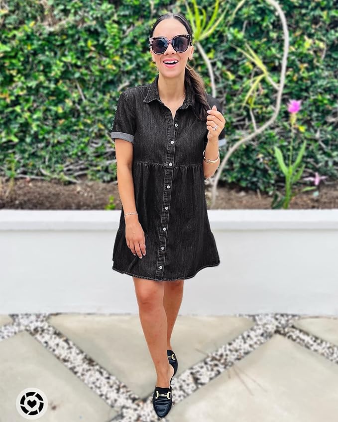 LookbookStore Women's Short Sleeve Button Down Flowy Tiered Babydoll Denim Dress
