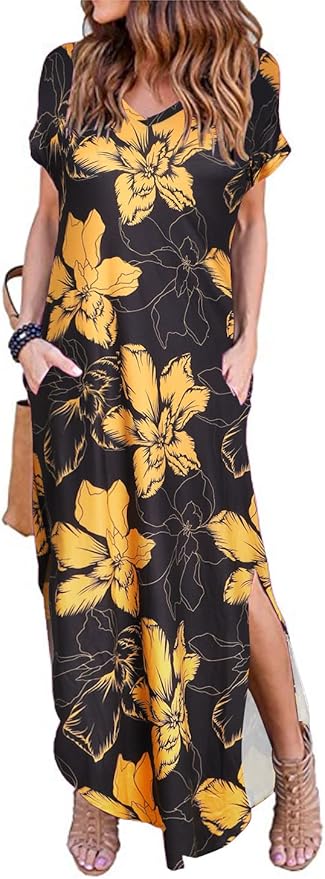 Arolina Women's Summer Maxi Dress Short Sleeve V Neck Casual Loose Long Beach Split Dresses with Pockets