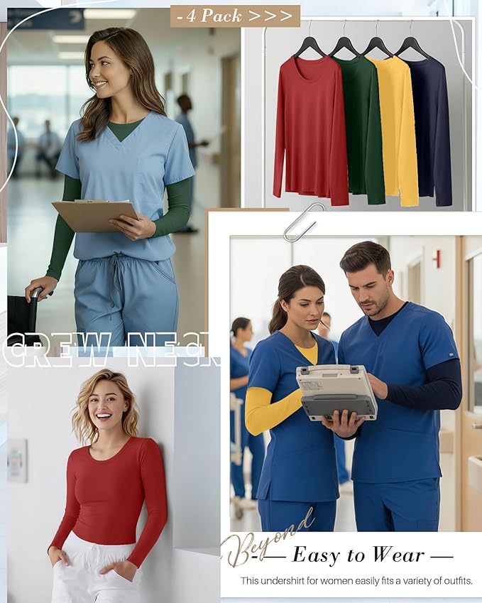 4 Pack Women's Underscrub Shirts Nurse Undershirts Long Sleeve Crewneck Slim Fit Tops Soft Stretchy Basic Tee