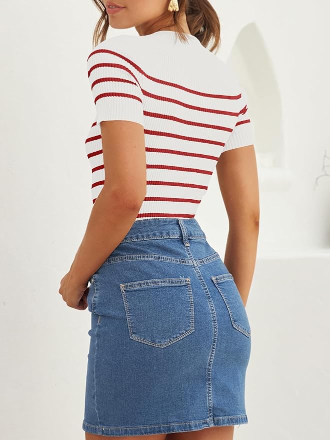 ZESICA Women's Short Sleeve Crewneck Striped T Shirt 2026 Summer Ribbed Knit Slim Fit Casual Basic Tee Tops