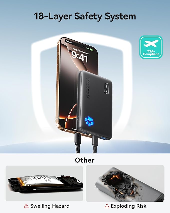 INIU Portable Charger, Ultra Slim 45W Fast Charging with Attached USB C Cable, Flight-Safe 10000mAh PD Power Bank Battery Pack, Travel Essential Phone Powerbank for iPhone 17 16 Samsung S25 Google etc