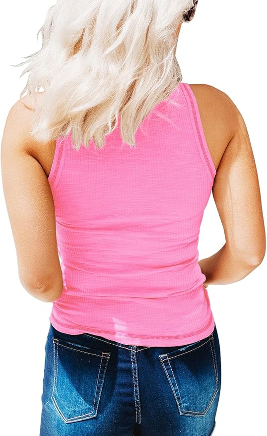 KINLONSAIR Women's Sleeveless Henley Tank Tops Ribbed V Neck Button Down T Shirts Summer Slim Fit Tee Tops