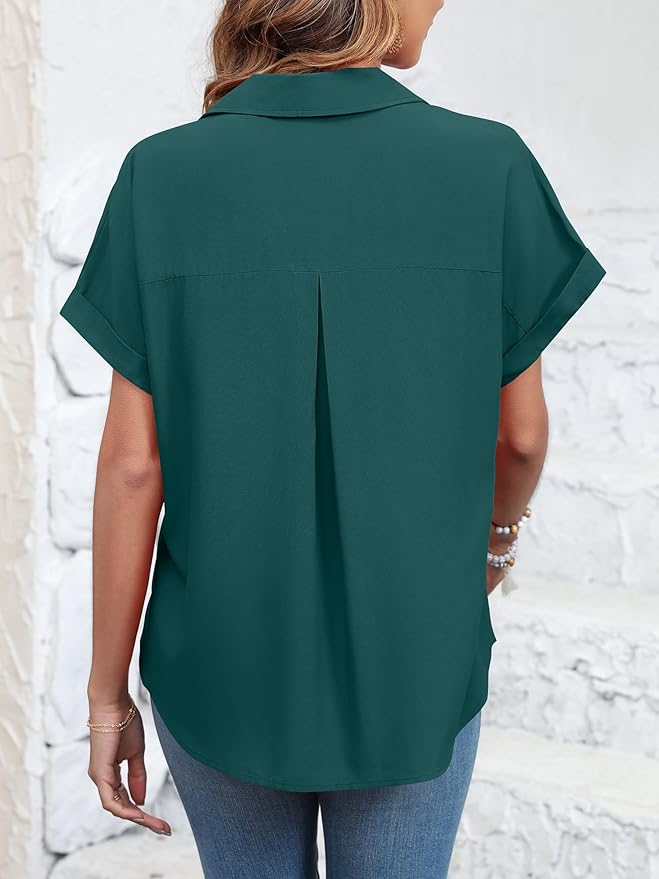 Womens Button Down Shirt Casual Short Sleeve Collared Work Blouse with Pocket