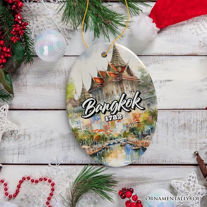 Lively Bangkok City Artistic Ceramic Ornament, Thailand Souvenir and Christmas Decor Keepsake (Oval)