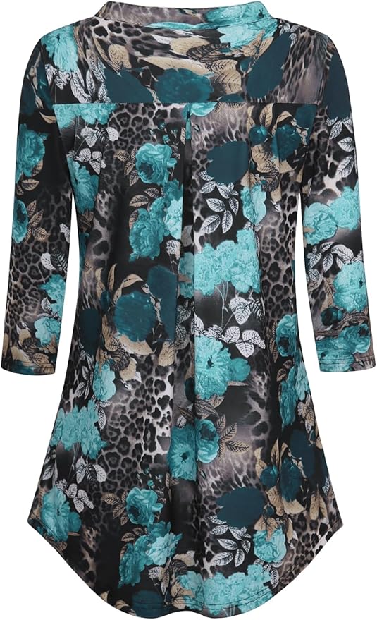 BAISHENGGT 3/4 Sleeve Tops for Women Notch V Neck Floral Work Blouses Dressy Casual Loose Fit Going Out Tunic Tops