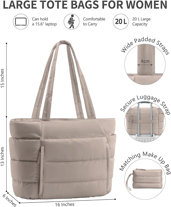 Puffer Tote Bag for Women, Lightweight Puffy Work Handbag Teacher Nurse Quilted Shoulder Bag for School Travel Gym | Quilted, with Zipper, Daily Carry On Bags, Comfy College Bags, 15.6" Laptop Sleeve, Cup Holder Pocket, Portable, Spacious